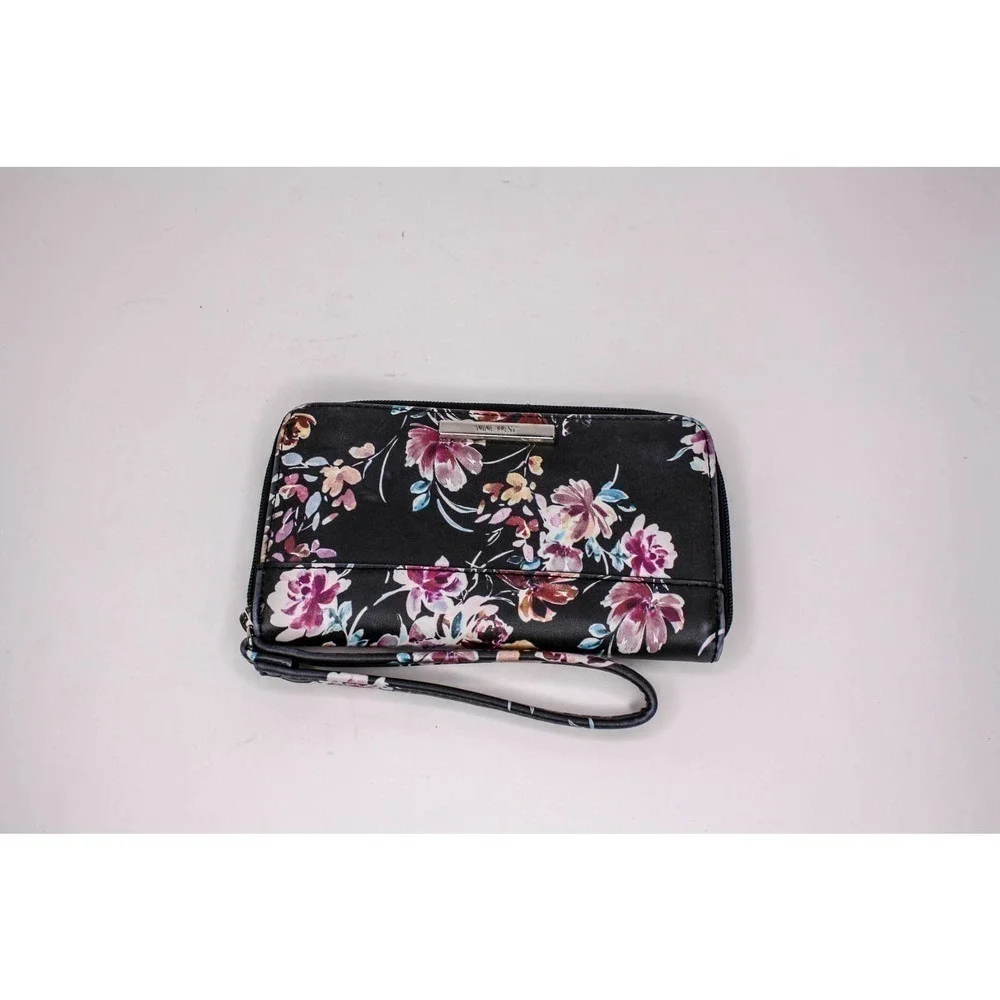 Nine West Wristlet Floral Faux Leather Black
